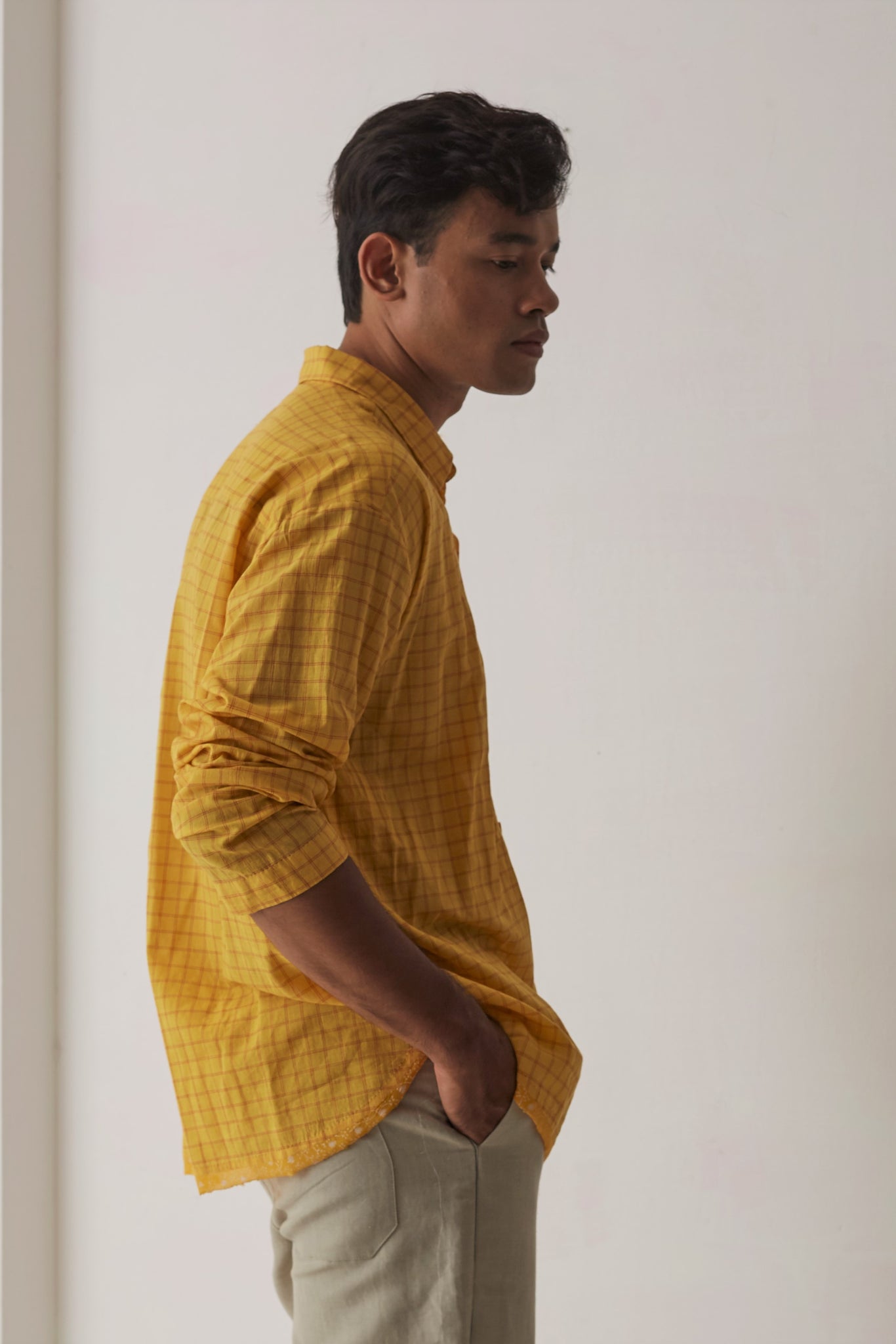 Yellow checks collared button-down daishi shirt