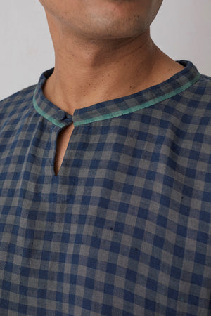 Charcoal blue check round neck baga shirt