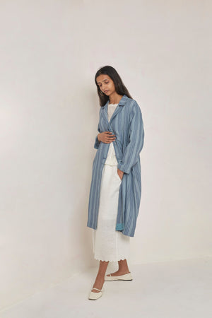 Blue stripes handwoven linen long Monaco jacket