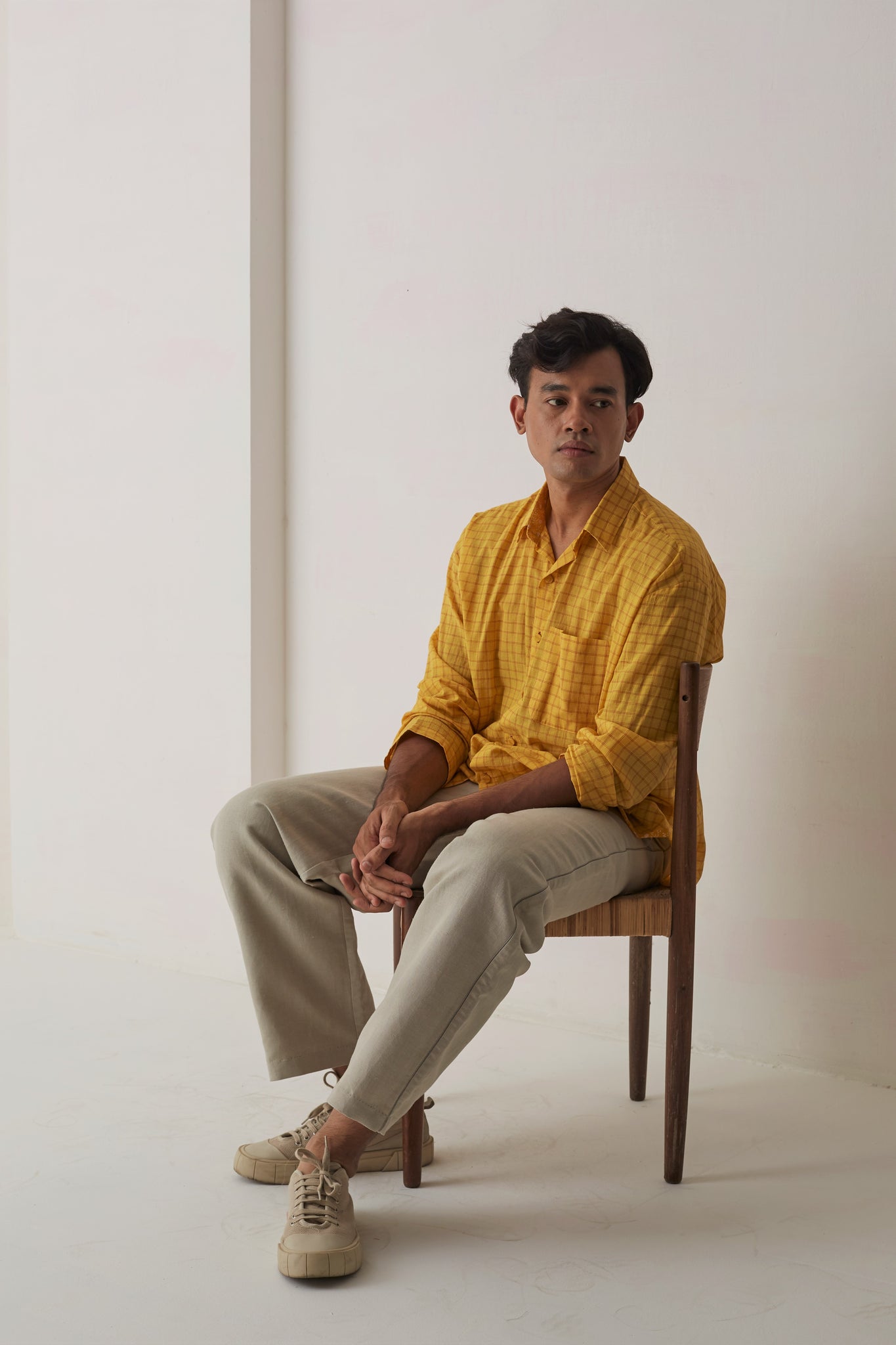 Yellow checks collared button-down daishi shirt