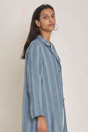 Blue stripes handwoven linen long Monaco jacket