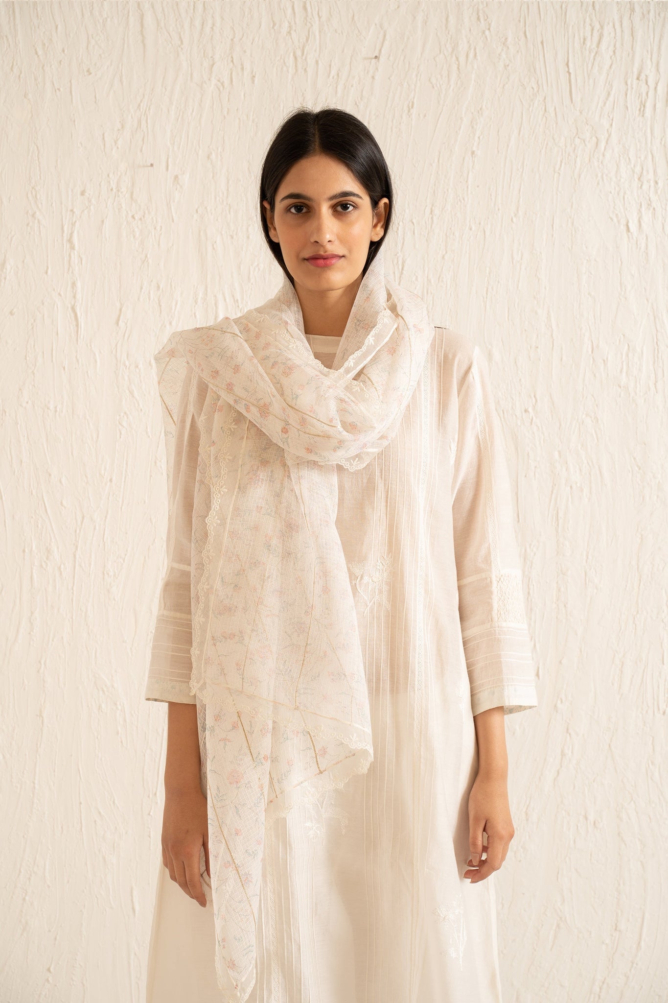 PRINTED COTTON STOLE WITH GOTA