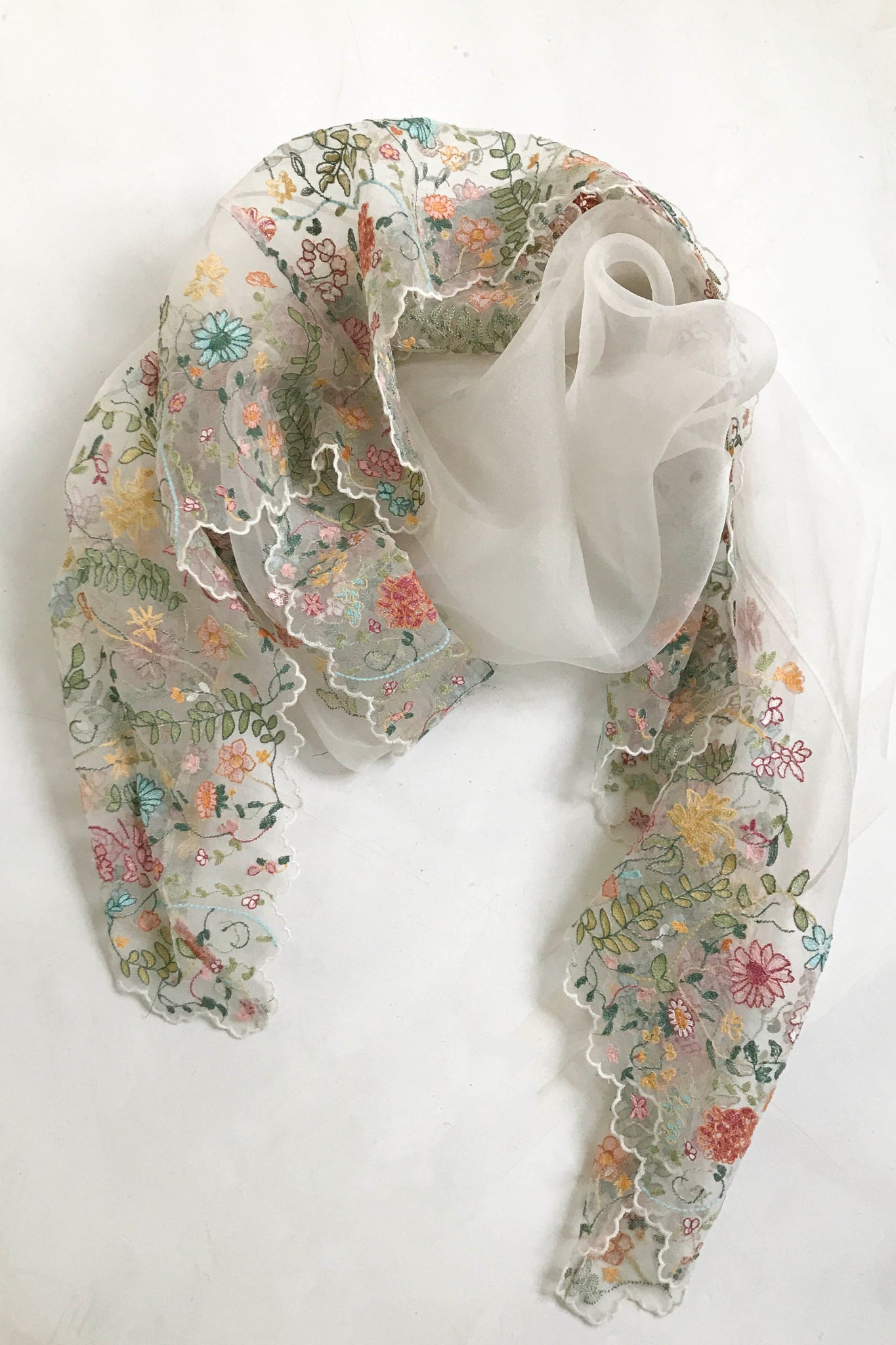 SILK ORGANZA STOLE WITH EMBROIDERED FLORALS